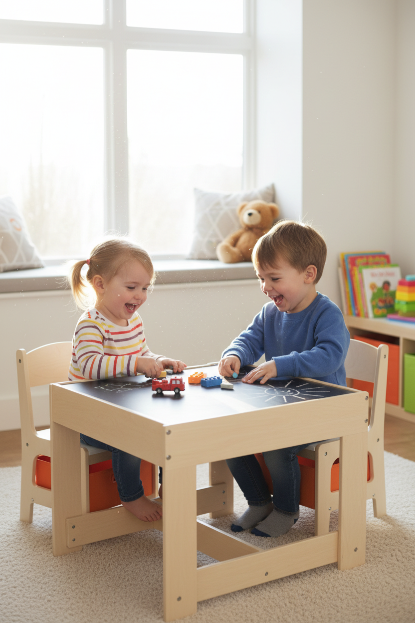 Deux enfants jouant sur la table tableau noir