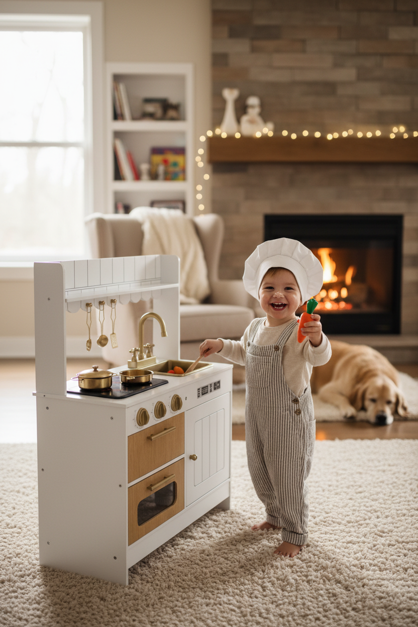 Enfant jouant avec la cuisine en bois blanche et dorée