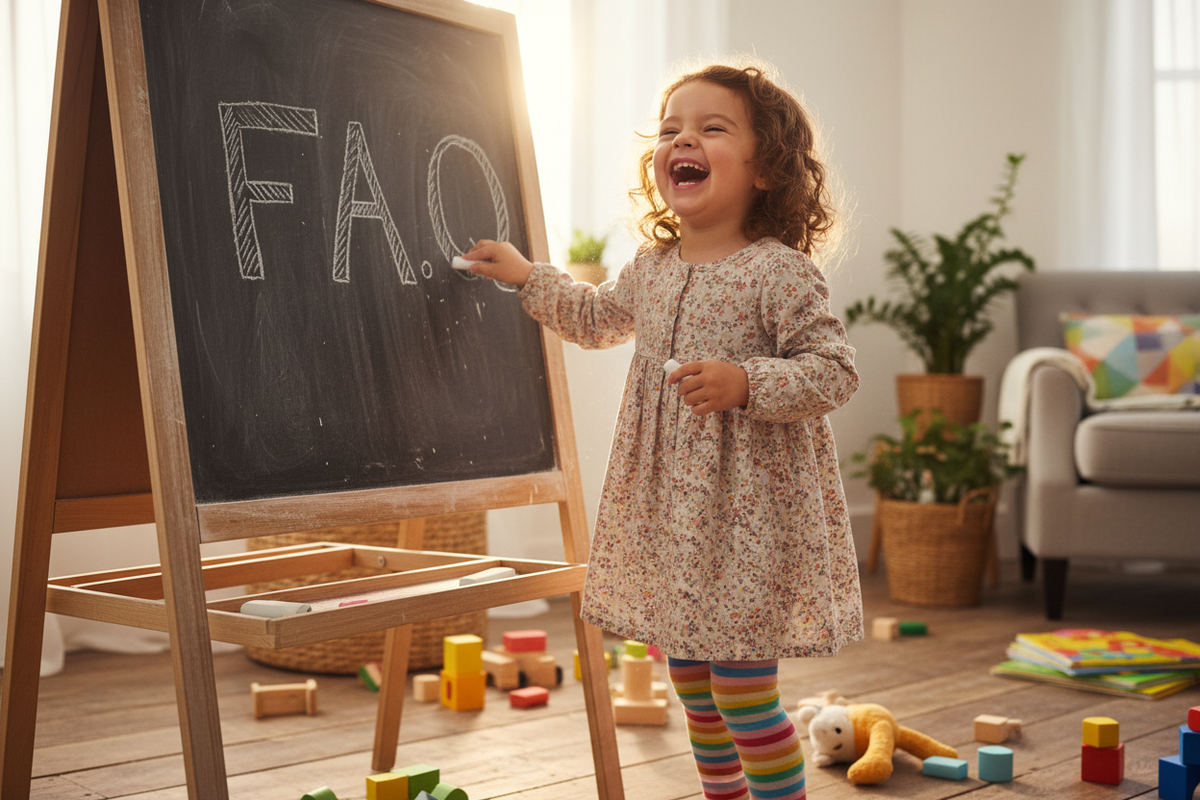 Petite fille qui rigole et écrit FAQ