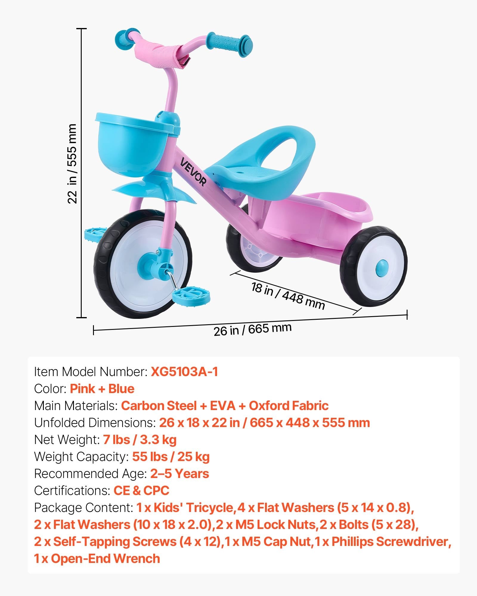 Tricycle pour Enfants 2-5 Ans – Siège Réglable, Certifié CE & CPC