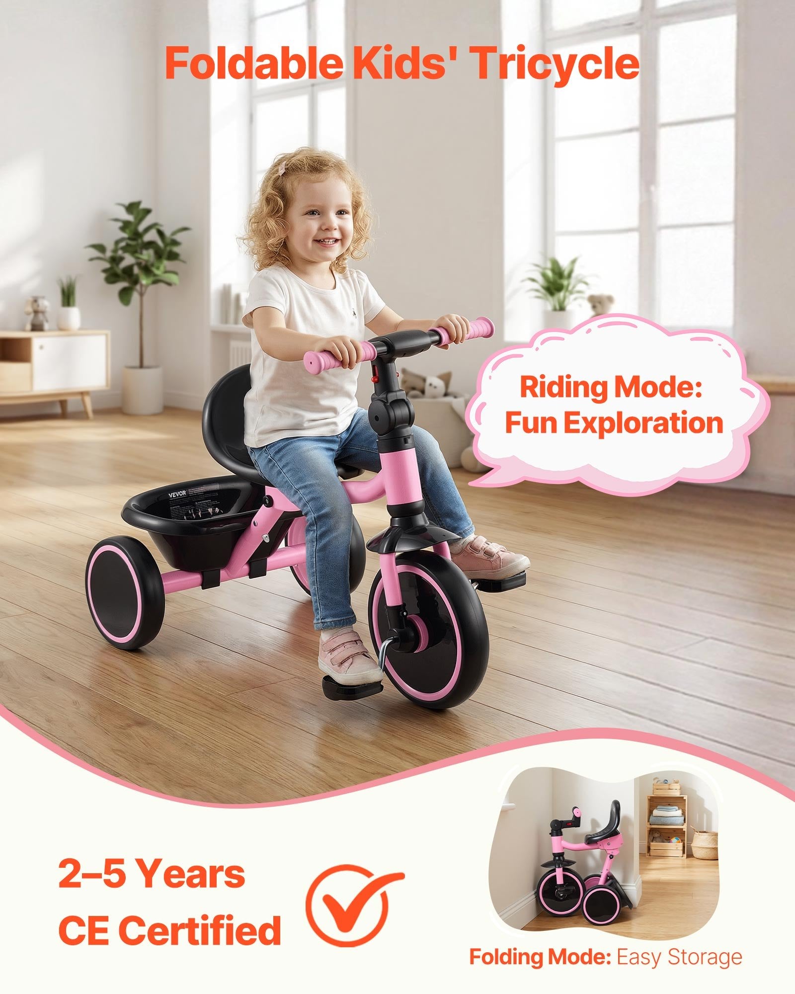 Tricycle Pliable pour Enfants 2-5 Ans – Siège Réglable 3 Positions