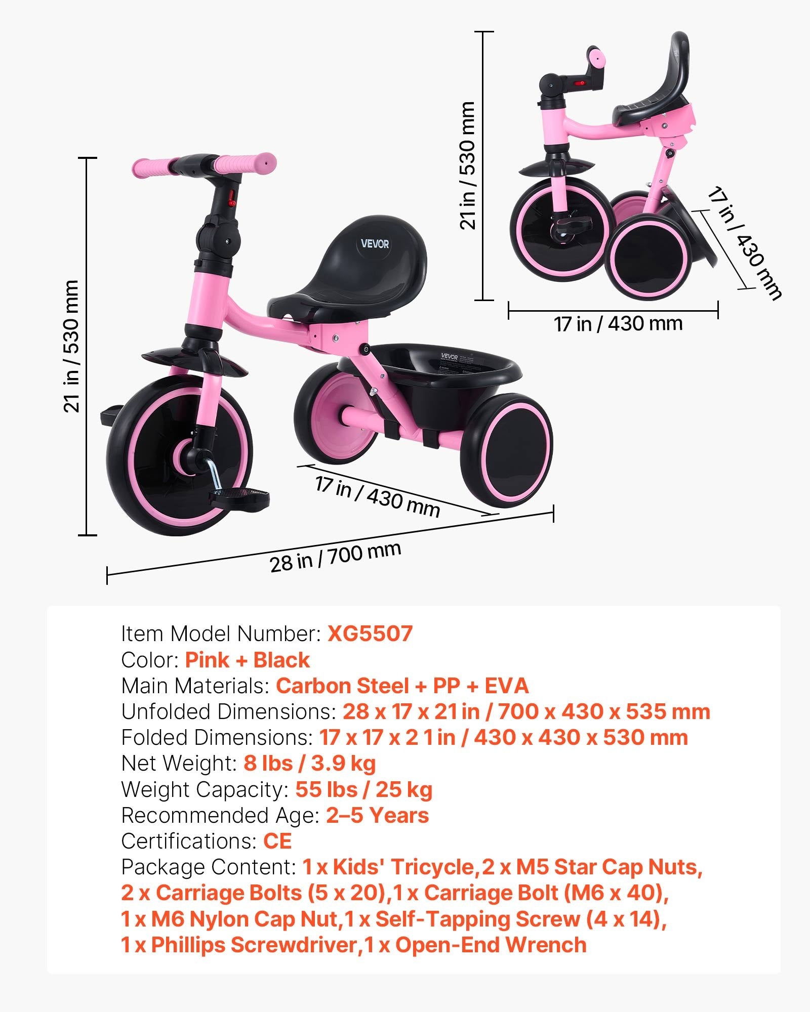 Tricycle Pliable pour Enfants 2-5 Ans – Siège Réglable 3 Positions
