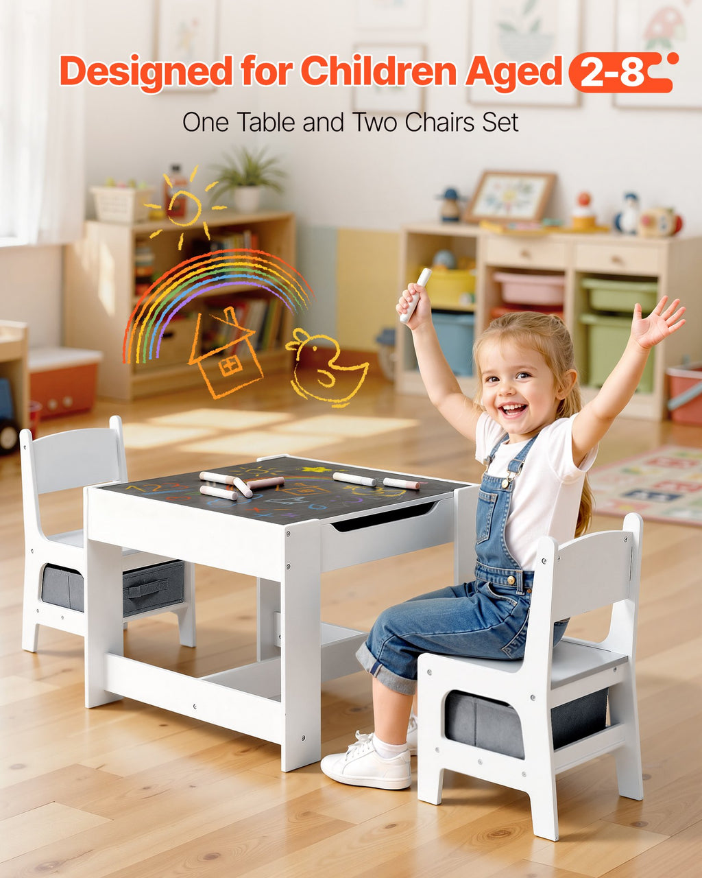 Table et 2 Chaises pour Enfants – Avec Tableau Noir et Rangement