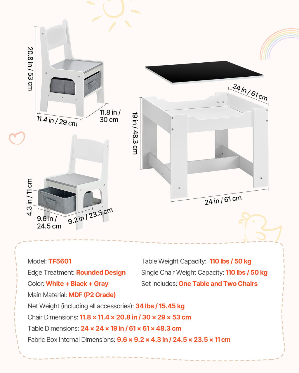 Table et 2 Chaises pour Enfants – Avec Tableau Noir et Rangement