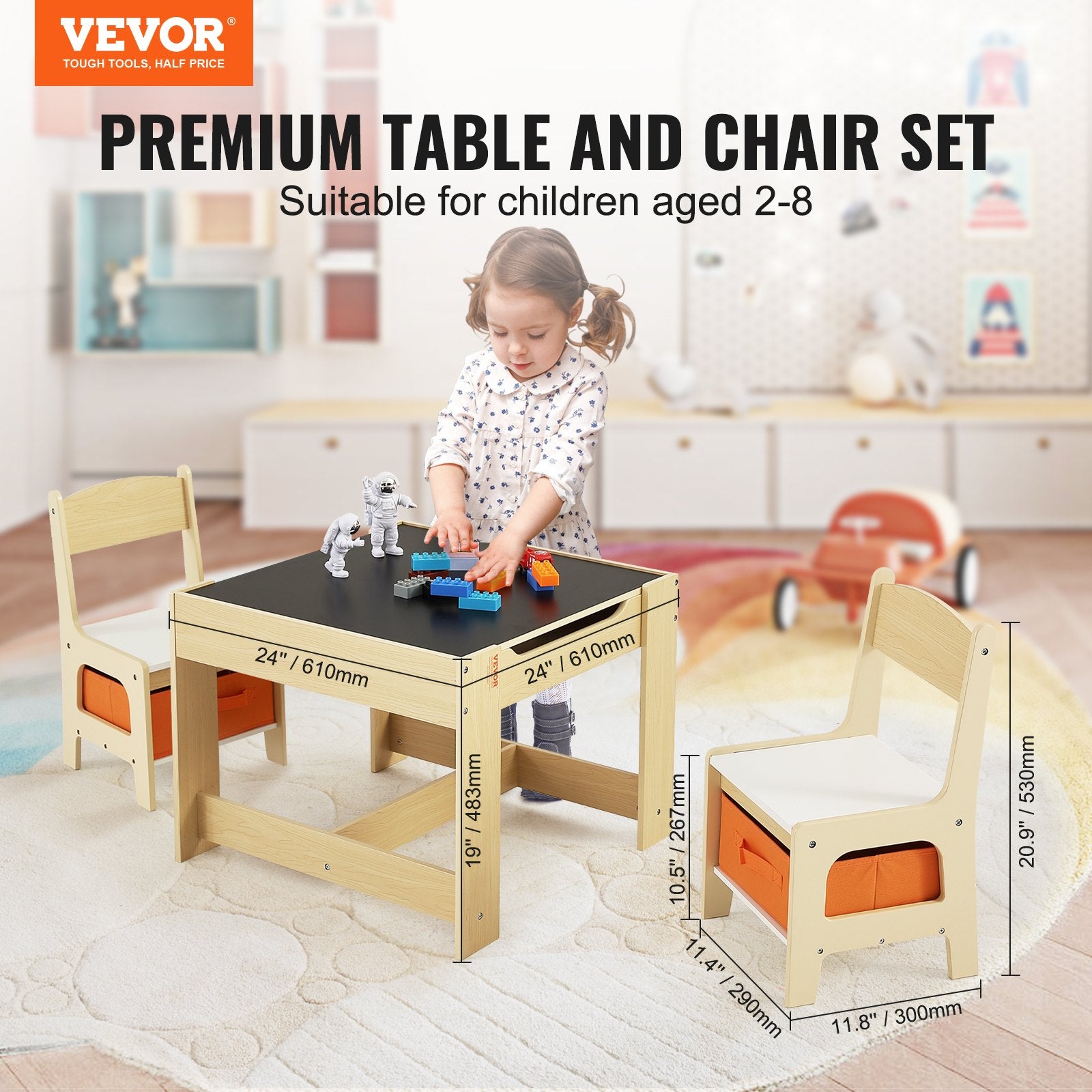 Table et 2 Chaises Enfant en Bois – Avec Rangement, Pour 2-8 Ans