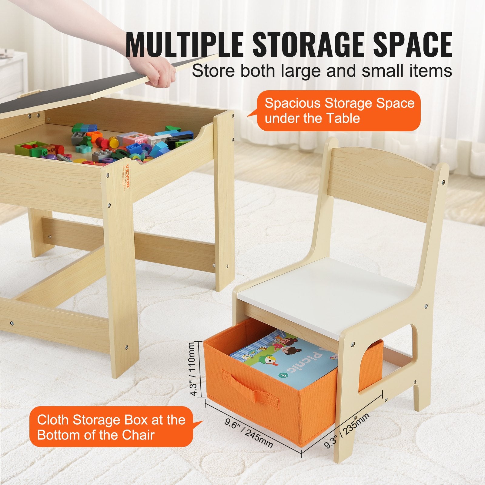 Table et 2 Chaises Enfant en Bois – Avec Rangement, Pour 2-8 Ans