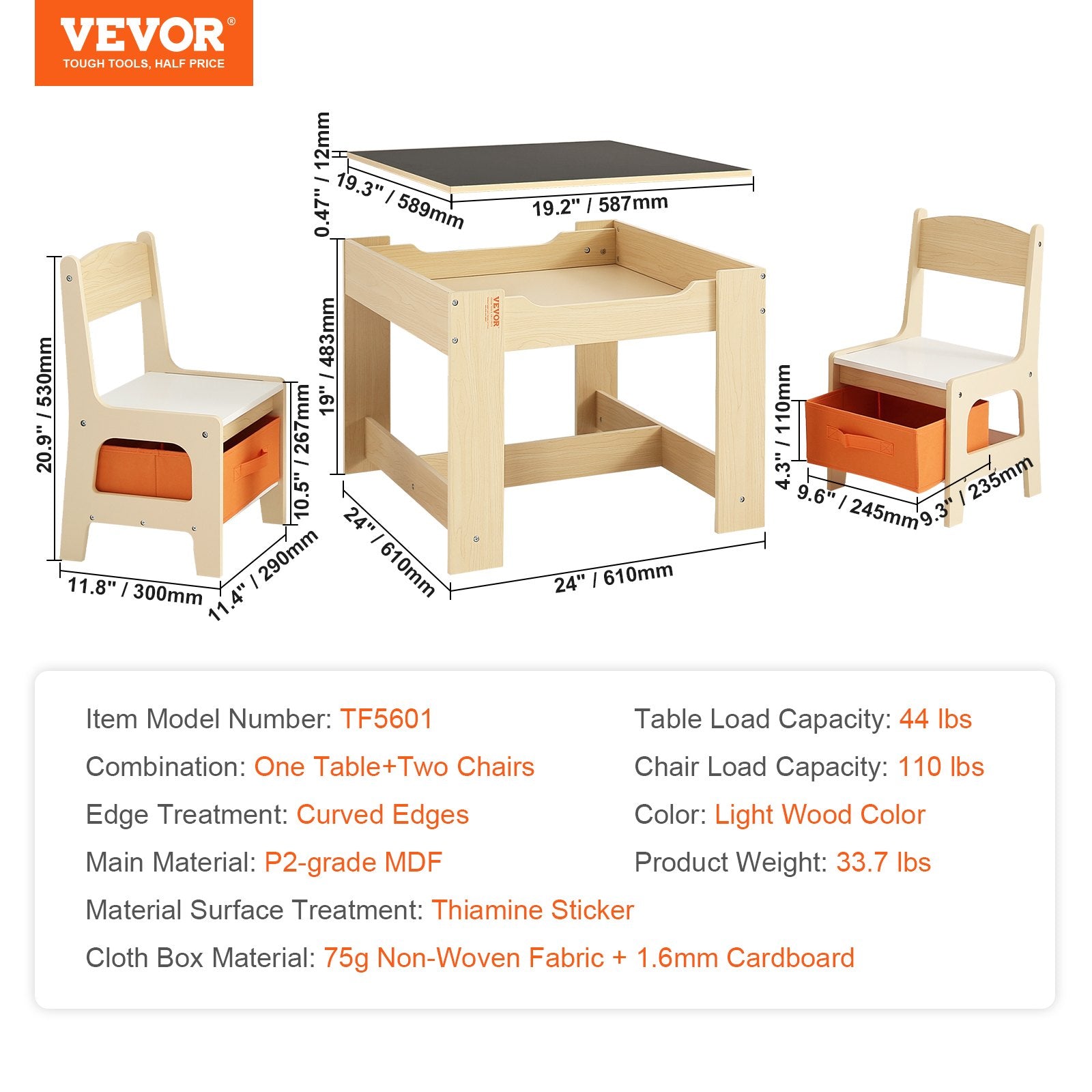 Table et 2 Chaises Enfant en Bois – Avec Rangement, Pour 2-8 Ans