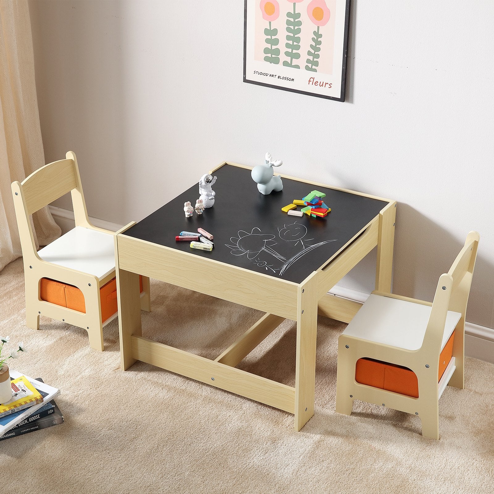 Table et 2 Chaises Enfant en Bois – Avec Rangement, Pour 2-8 Ans