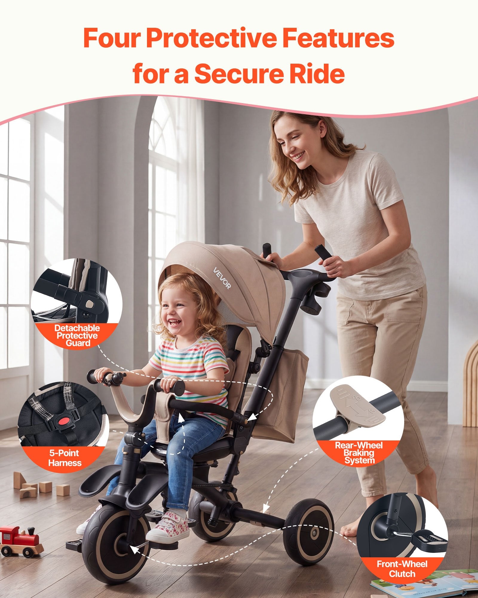 Tricycle Poussette 7-en-1 pour Enfants de 18 Mois à 5 Ans