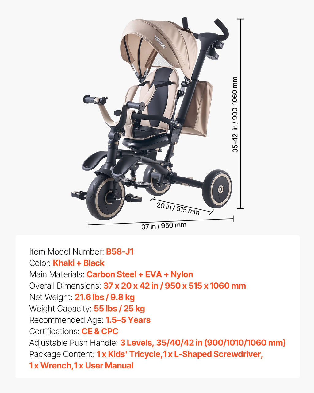 Tricycle Poussette 7-en-1 pour Enfants de 18 Mois à 5 Ans