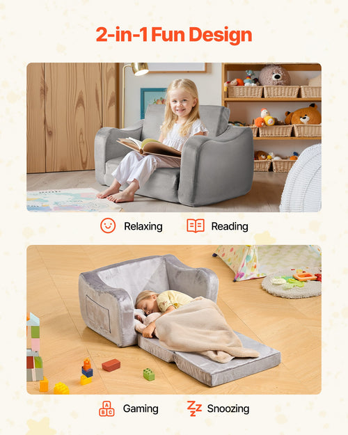 2-in-1 Kids Sofa, Foldable Toddler Soft Couch with Armrests, Made of