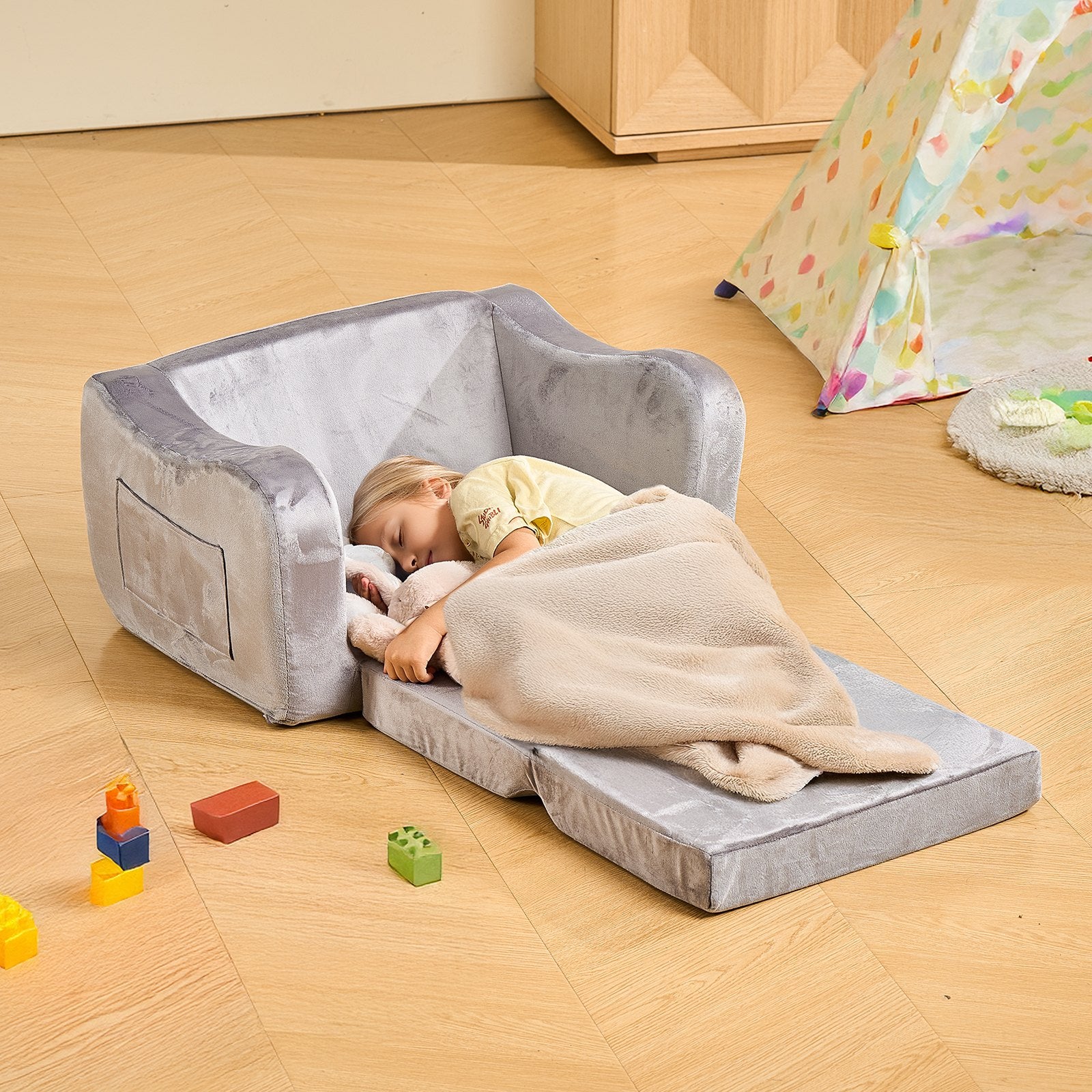 Canapé 2-en-1 Pliable pour Enfants – Fauteuil Doux avec Accoudoirs